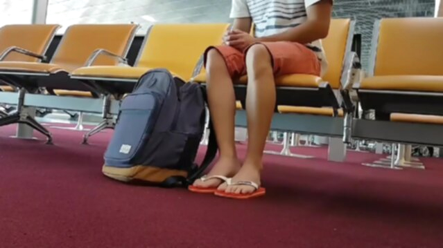 Boy put on flip flops and anklet in airport amateur Porn